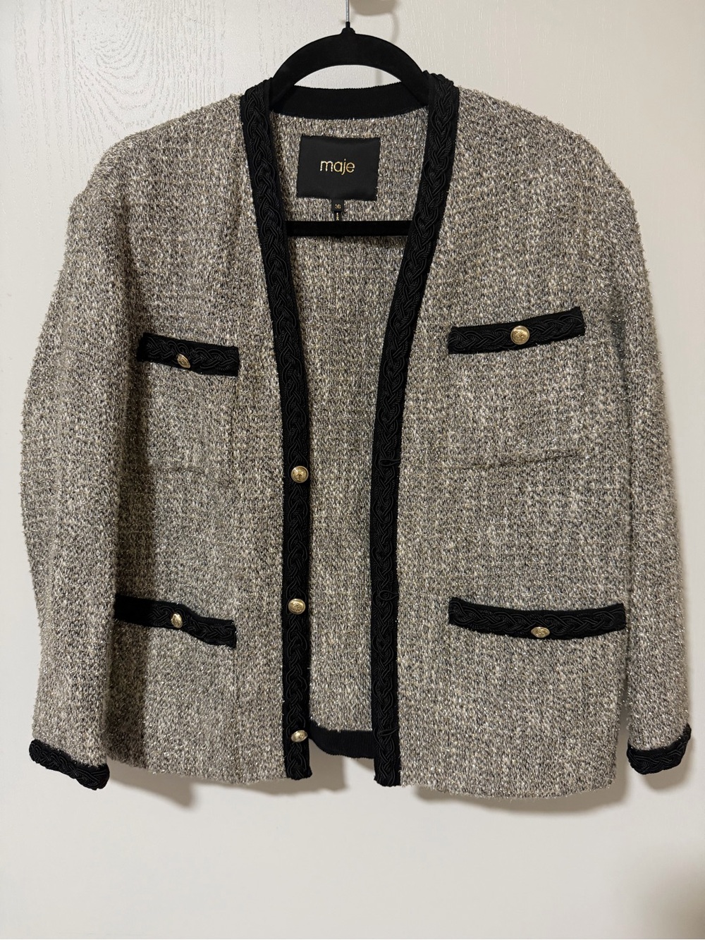 Maje Textured Gray Tweed Jacket with Black Trim